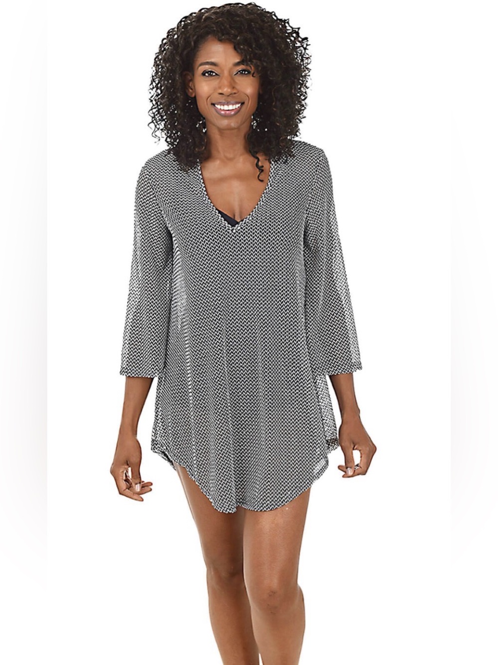 Jordan Tyler Bondi Chevron Black White Mesh Tunic Cover-Up Swim Beach Sz M